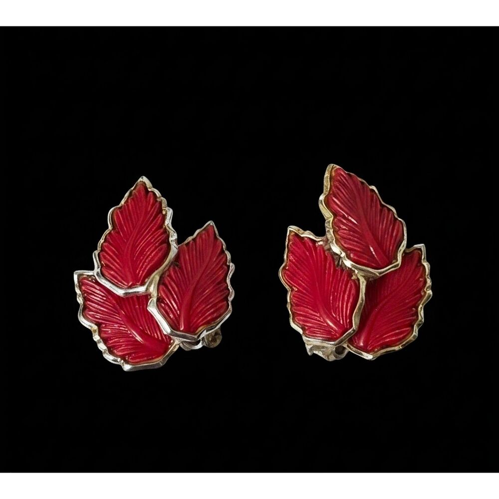 Vintage 1950s Chunky Red Lucite Leaf Clip On Earrings Textured Silver Costume